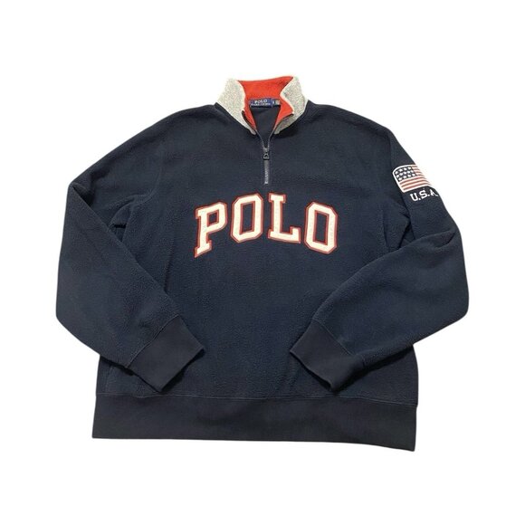 Polo Ralph Lauren Men's Large Navy Blue Spell Out Flag Quarter Zip Pull Over - Picture 1 of 8